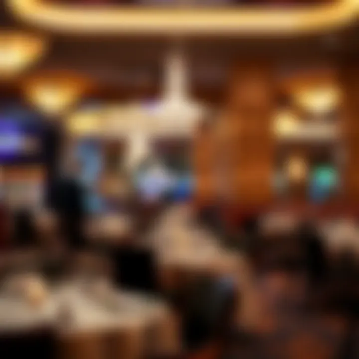 Elegant Dining Ambiance at National Harbor Casino Luxurious casino dining area with elegant table settings and ambient lighting