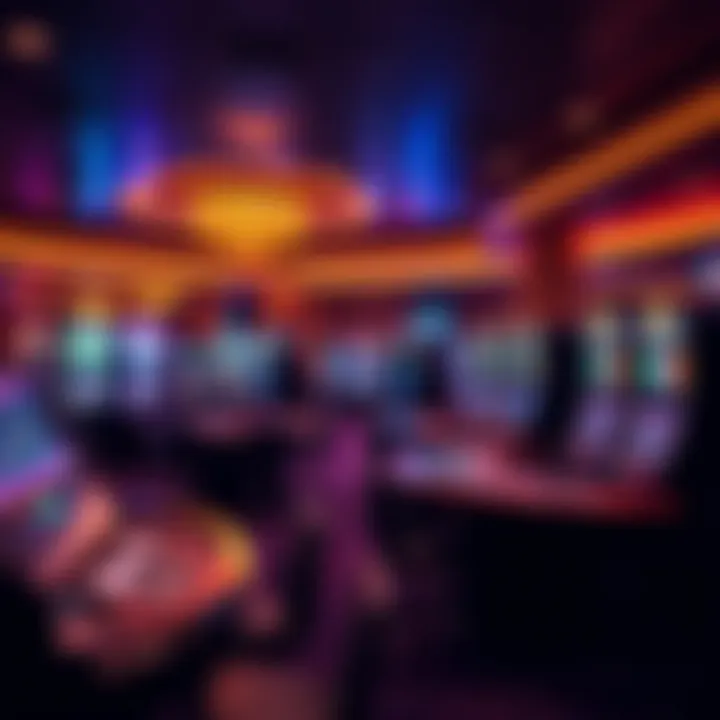 Interior shot of National Harbour Casino gaming tables and slot machines under ambient lighting