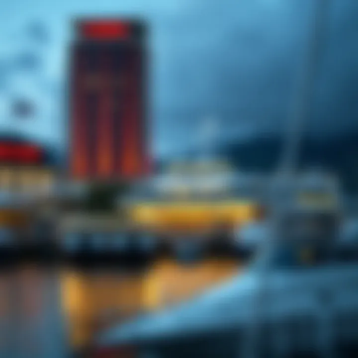 Wide view of National Harbour Casino exterior with waterfront and boats nearby