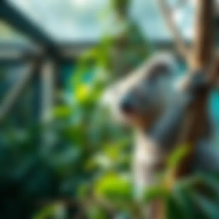 Koala Habitat at Canberra's National Zoo and Aquarium Close-up of a koala perched on a tree branch at the National Zoo and Aquarium with lush greenery