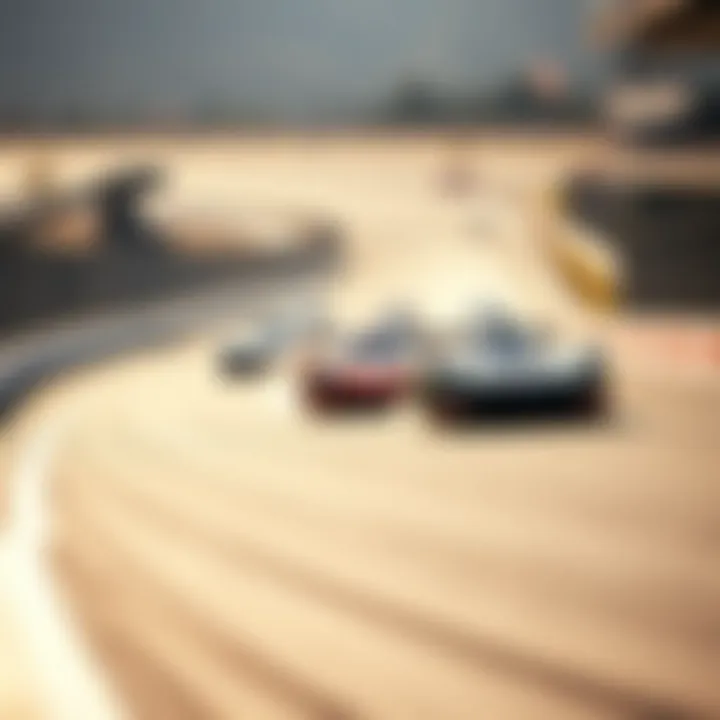 High-speed race cars competing on the Penn National Raceway track under bright daylight