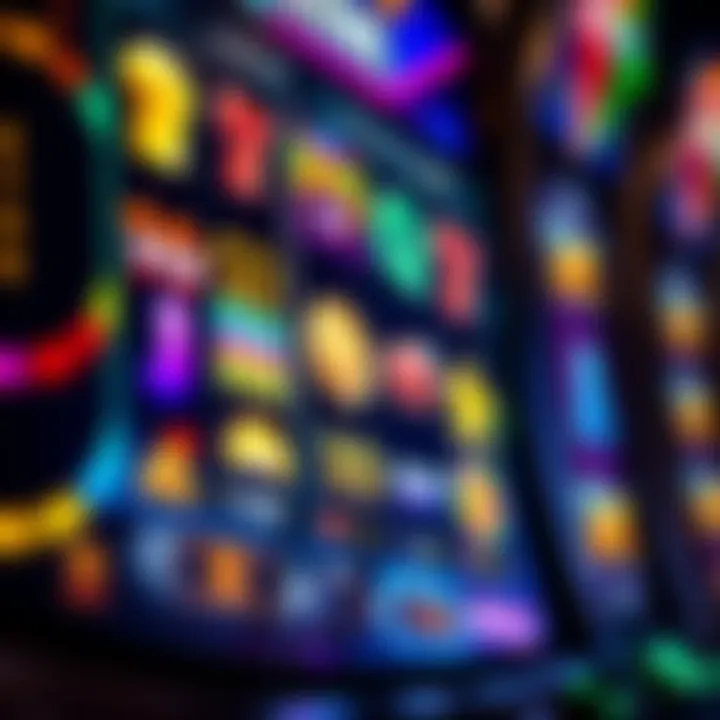 Close-up view of an online slot machine interface displaying various colorful symbols and paylines