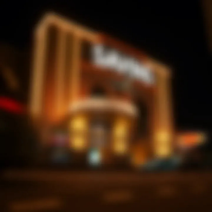 Exterior of Savins casino showcasing modern architecture and bright signage at night