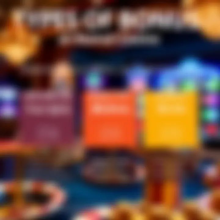 Graphic showing different bonus types such as welcome bonus, free spins, and cashback at an online casino