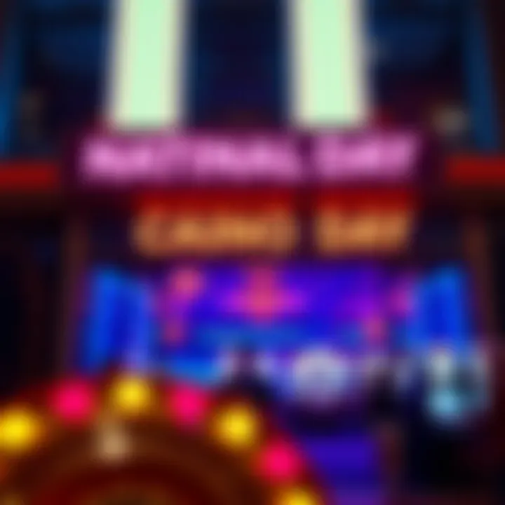 Brightly lit casino entrance with vibrant neon signs and gaming tables inside