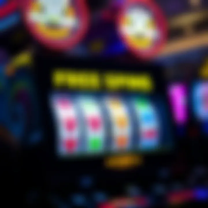Casino Slot Machine Highlighting Bonus Free Spins Bright casino slot machine displaying winning symbols with glowing lights