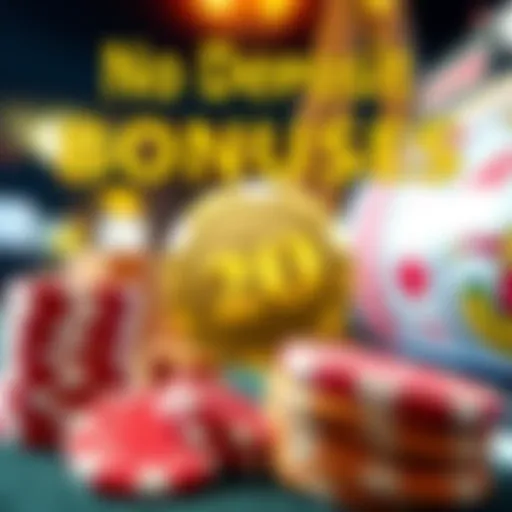Graphic showing various casino chips and a spinning slot machine reel symbolizing no deposit bonuses