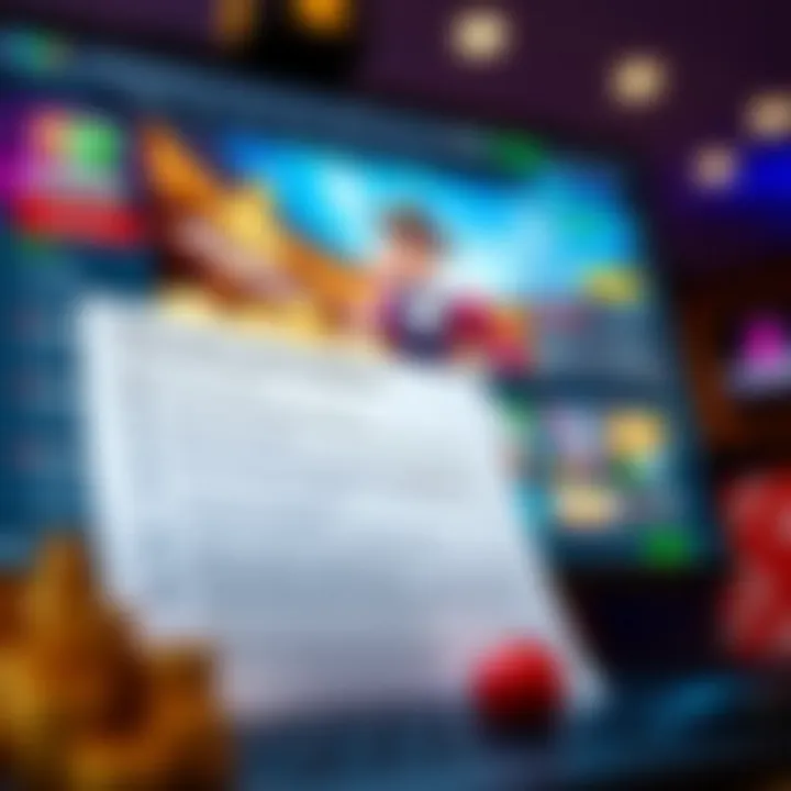 Illustration of a checklist with terms and conditions next to a computer screen displaying a casino website