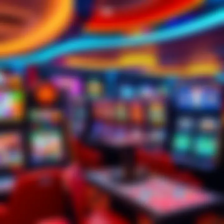 Colorful online casino game selection with slot machines and card games on digital screens