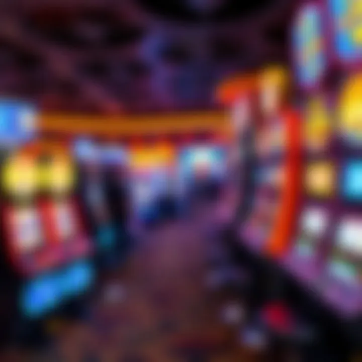 Illustration of a casino floor featuring multiple slot machines with bright lights and digital displays