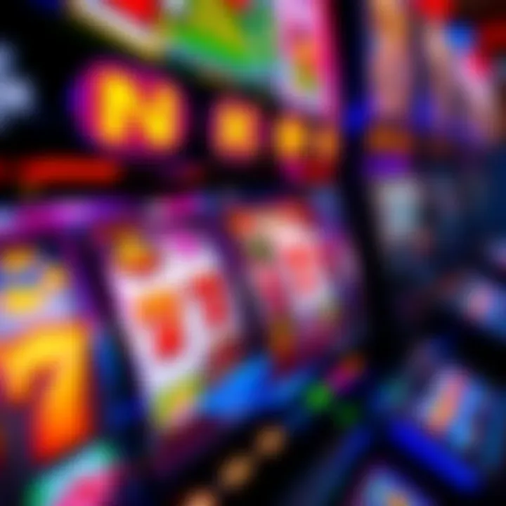 Close-up of a colorful national casino slot machine with spinning reels displaying various symbols