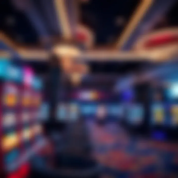 Modern casino interior with gaming tables and slot machines illuminated by ambient lighting