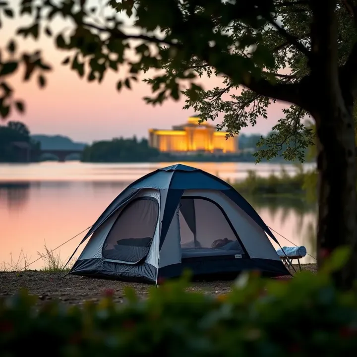 Peaceful natural landscape showing a tent pitched by a lake with a casino building visible beyond the trees
