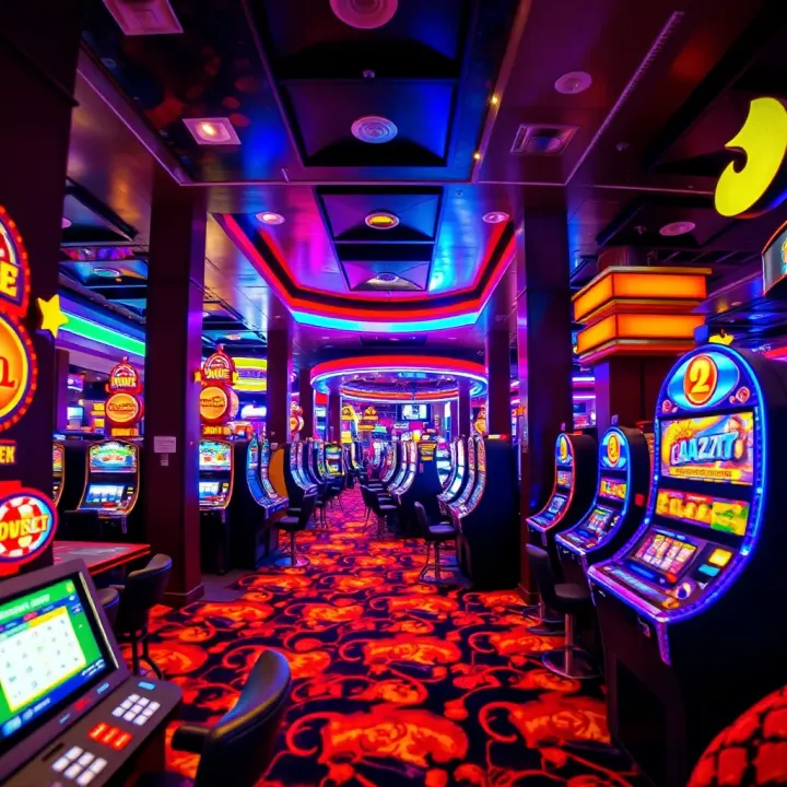 Interior view of the vibrant Canadian National Exhibition casino floor with colorful slot machines and gaming tables