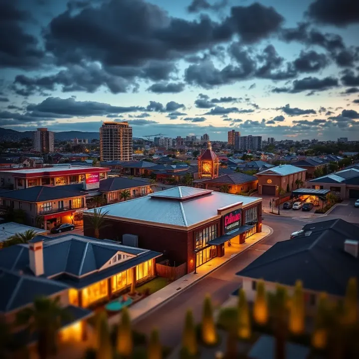 Residential properties and commercial buildings surrounding a casino reflecting real estate trends in the area