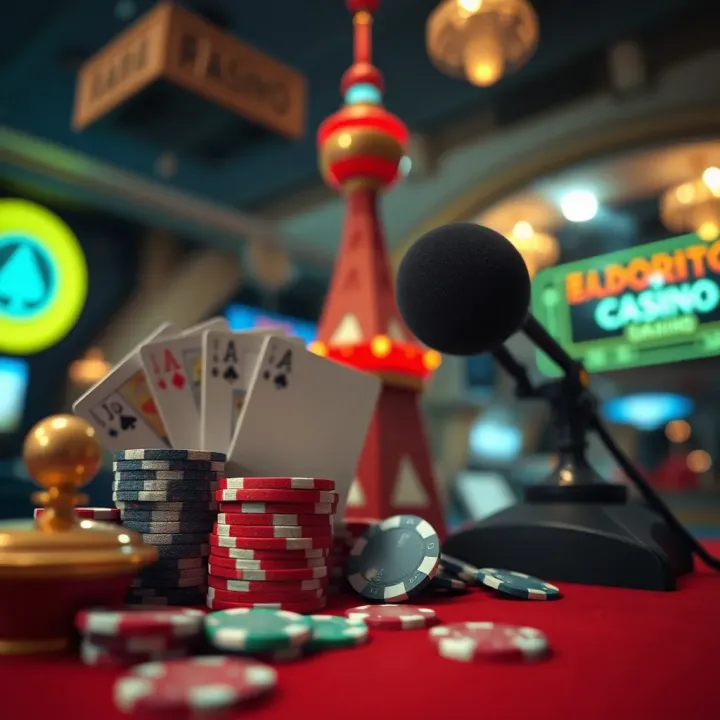 Exploring Casino Culture and Social Impact through Radio Stories Illustration of casino elements like cards, chips, and a radio tower symbolizing cultural and social insights