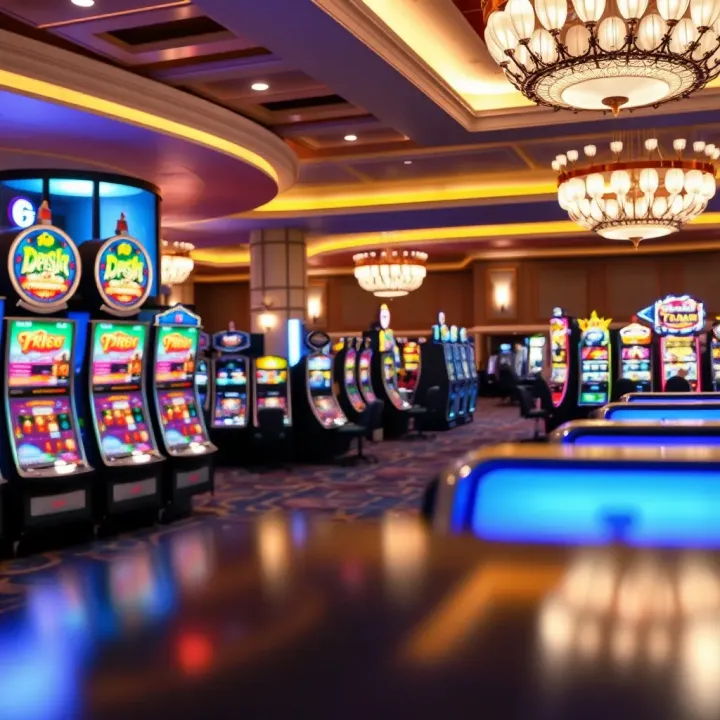 Luxurious gaming floor featuring a variety of slot machines and table games with elegant decor