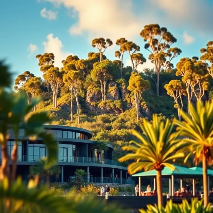 A modern casino resort situated near lush greenery and towering eucalyptus trees representing Australia's natural environment