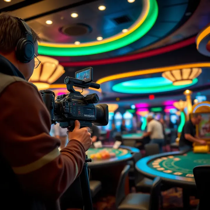 National Geographic documentary crew filming inside a bustling casino highlighting behind-the-scenes exploration of casino strategies