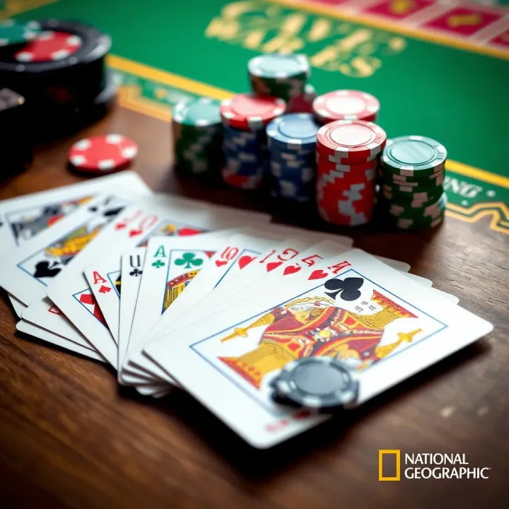 Colorful deck of playing cards spread out next to casino chips on a wooden table