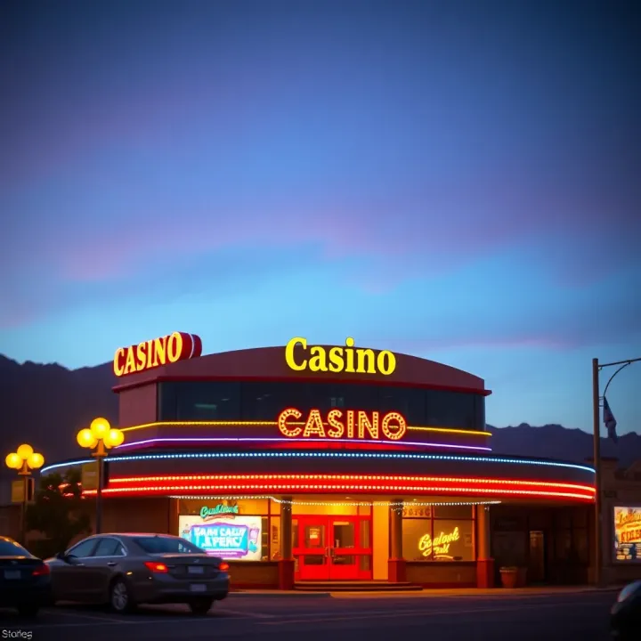 Exterior view of a casino building illuminated with colorful lights during twilight in a desert town