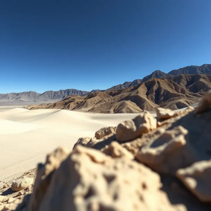 Desert landscape with rocky hills and sand dunes near Death Valley National Park under a clear blue sky