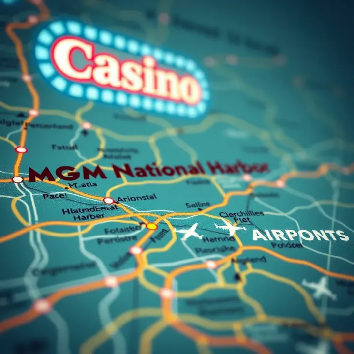 Map showing airports near the MGM National Harbor Casino with routes and landmarks
