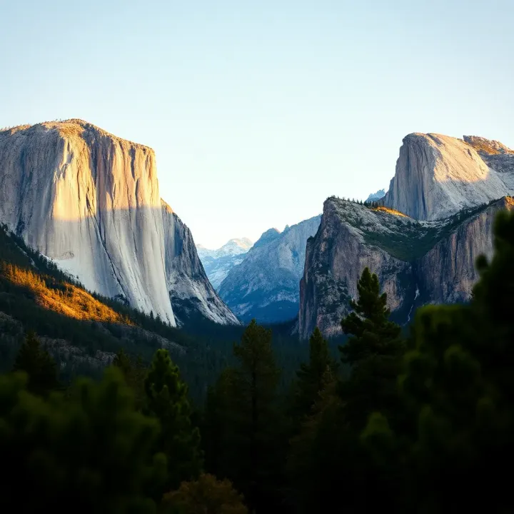 Scenic view of Yosemite National Park with towering granite cliffs under a clear sky
