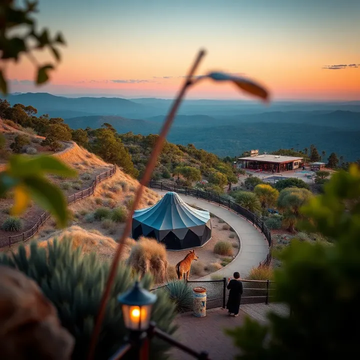 Scenic view of a national park with wildlife and natural trails contrasting with nearby entertainment facilities