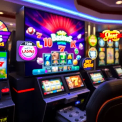 Illustration of digital casino interface displaying various slot machine games on a vibrant screen