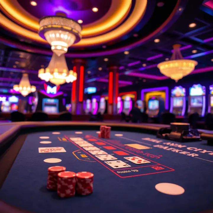 Blackjack Table Setup at MGM National Harbor Casino Blackjack table with cards and chips under ambient casino lighting