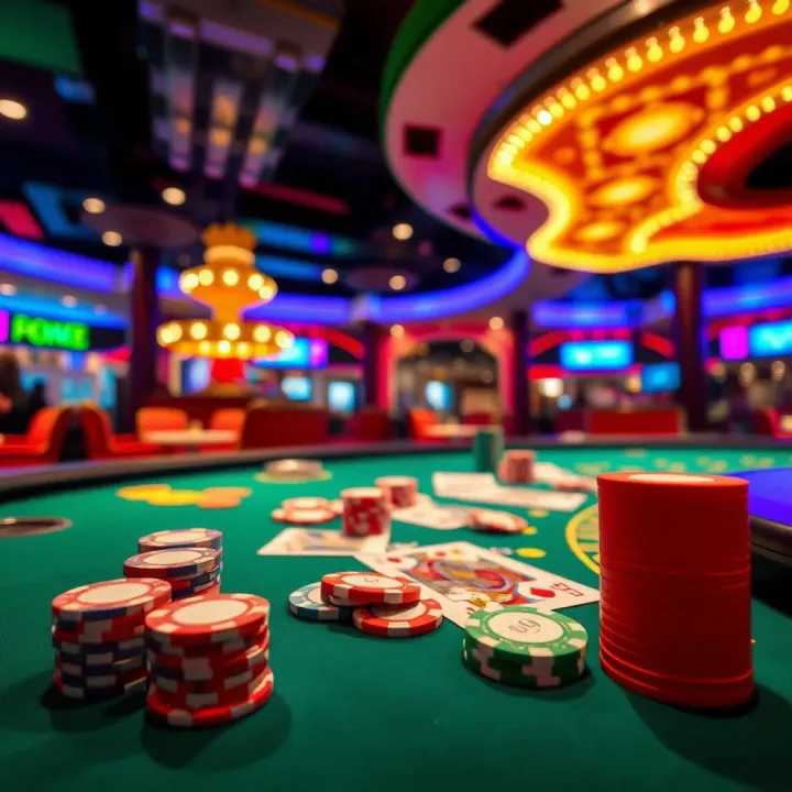 Casino table with colorful chips and cards under bright lights
