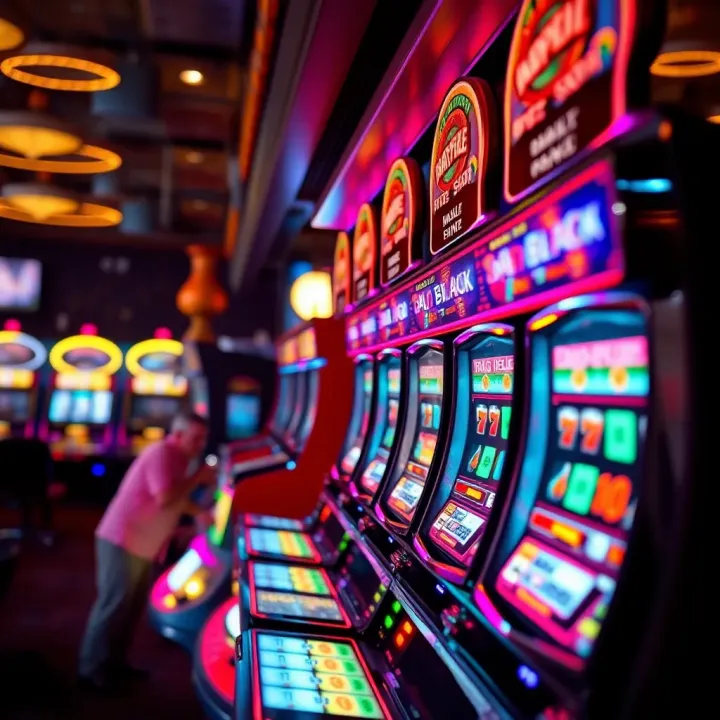 Slot machines glowing with neon lights inside a lively casino