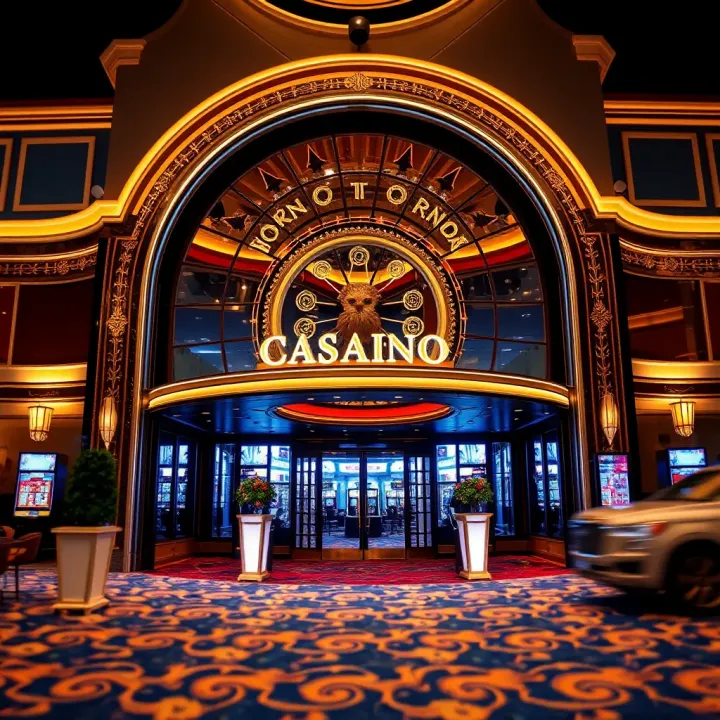 Luxurious casino entrance with bright lights and elegant decor at National Harbor