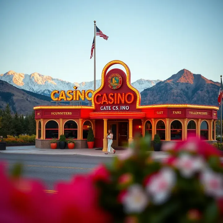 Exterior view of a vibrant casino near a mountainous landscape