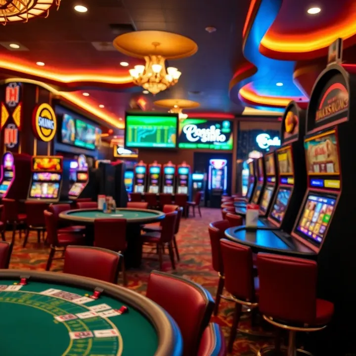 Interior of a lively casino with gaming tables and slot machines