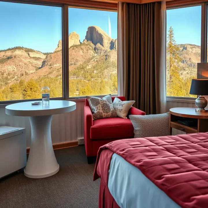A cozy hotel room with comfortable bedding and scenic views ideal for relaxing after a day at Yosemite and the casino