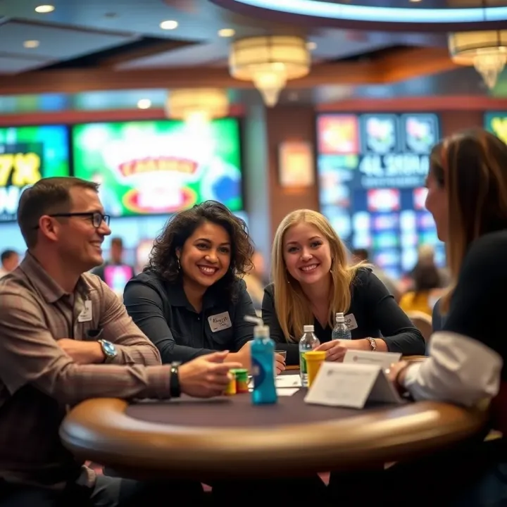 Friendly team members collaborating in a modern casino hospitality setting