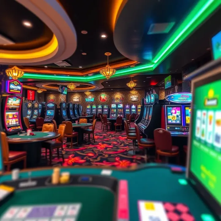 Luxurious casino floor featuring gaming tables, slot machines, and comfortable seating