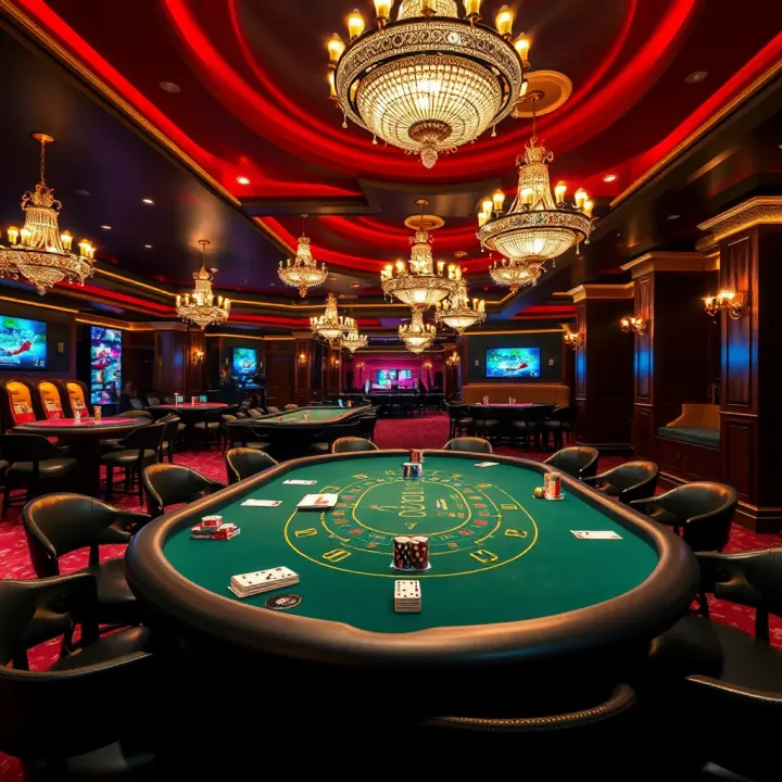 Casino-themed movie scene featuring a luxurious golf club setting with poker tables and cinematic lighting