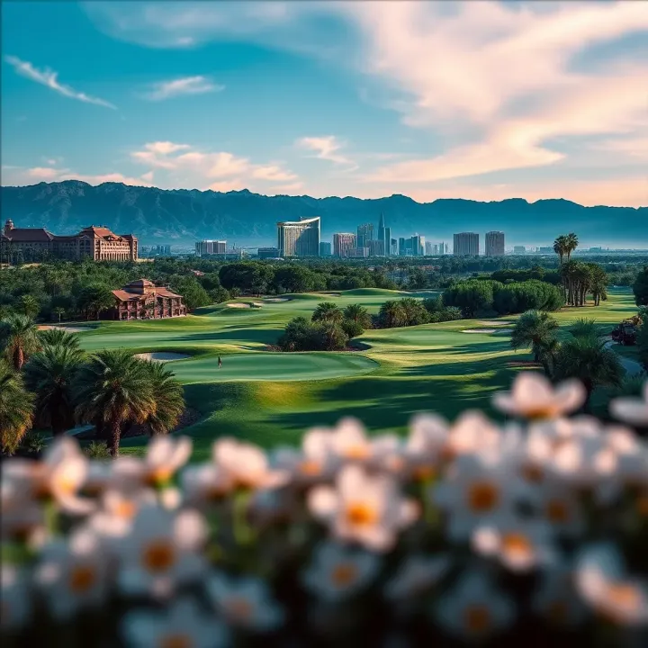 Scenic view of the Las Vegas National Golf Club showcasing green fairways with the city skyline in the background