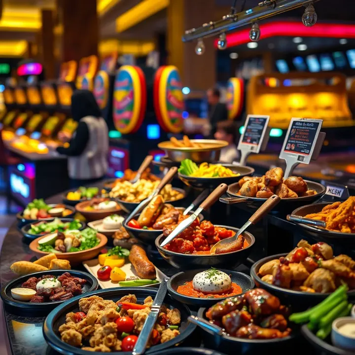 Diverse Culinary Selection at MGM Casino Buffet Wide variety of international dishes displayed at a buffet station in a vibrant casino setting