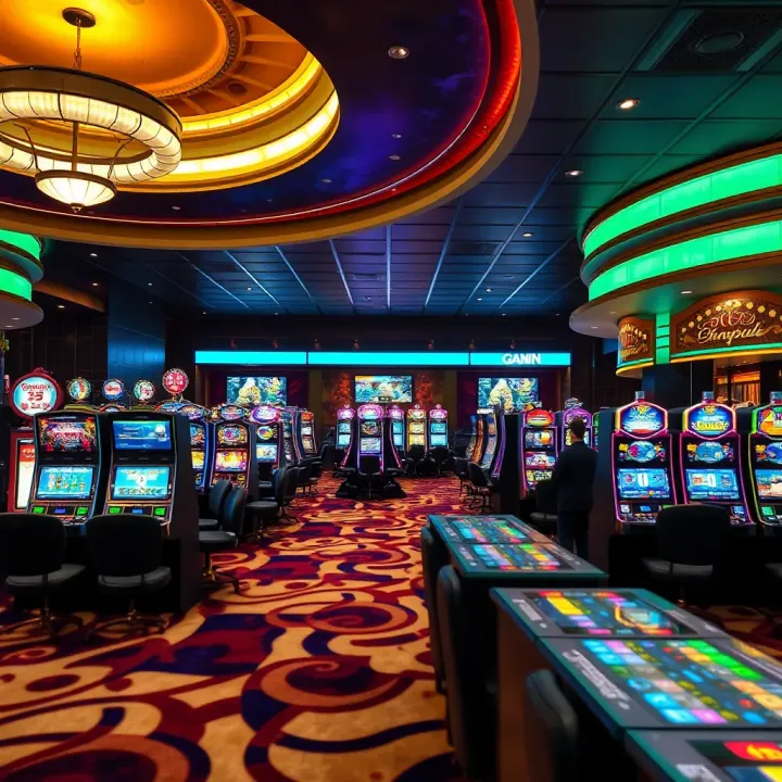 Vibrant Gaming Floor Inside MGM Casino National Harbor Luxurious casino floor with vibrant gaming tables and slot machines