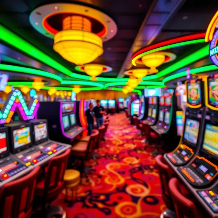 Vibrant casino floor featuring gaming tables and slot machines with colorful lighting
