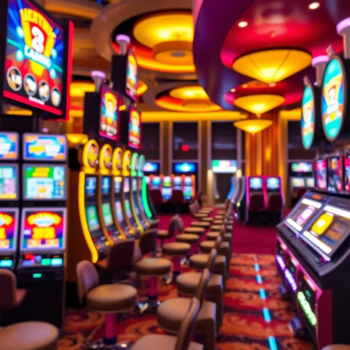 Vibrant casino floor with slot machines and gaming tables illuminated in warm lighting