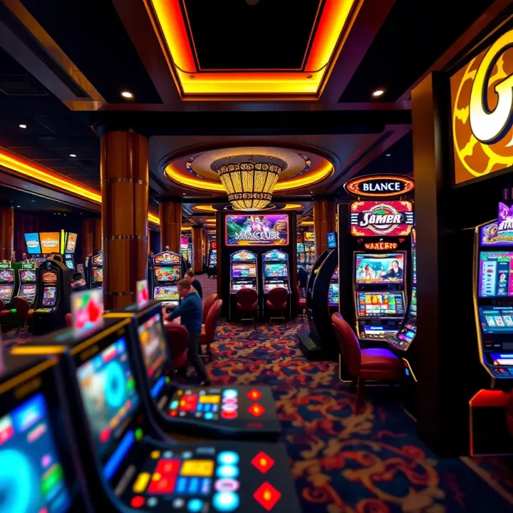 Luxurious casino floor filled with gaming tables and slot machines under ambient lighting