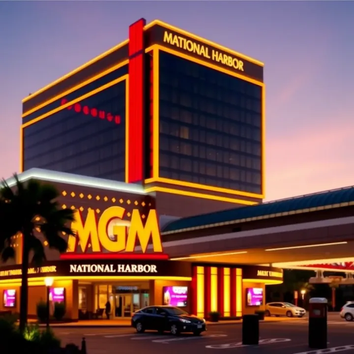 Luxurious exterior view of MGM National Harbor hotel with bright evening lights