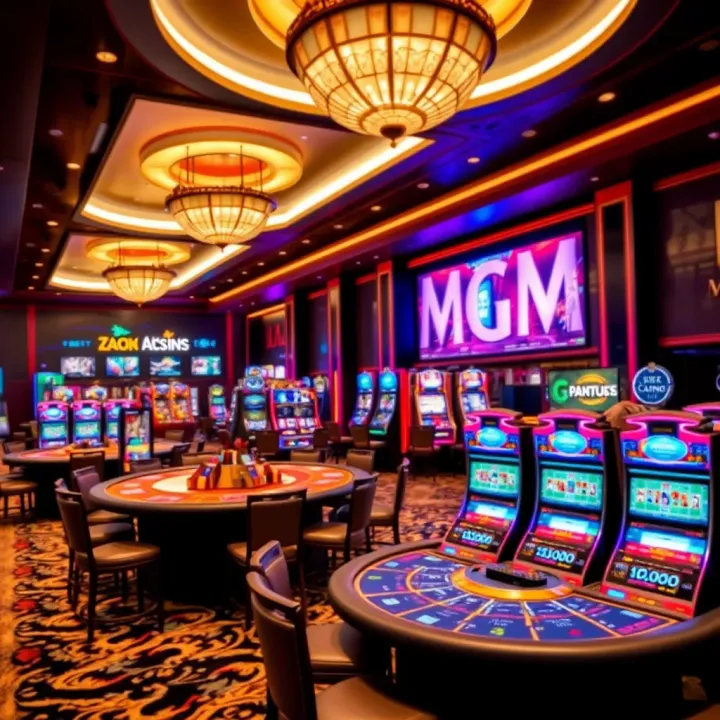 Luxurious casino floor featuring a variety of gaming tables and slot machines under elegant lighting