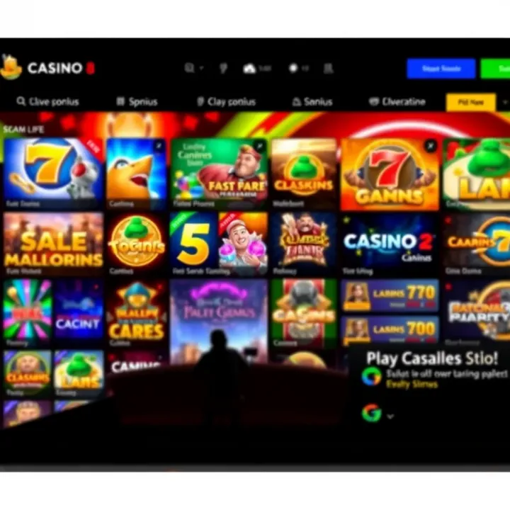 A vibrant online casino interface showcasing a variety of slot games and live dealer options