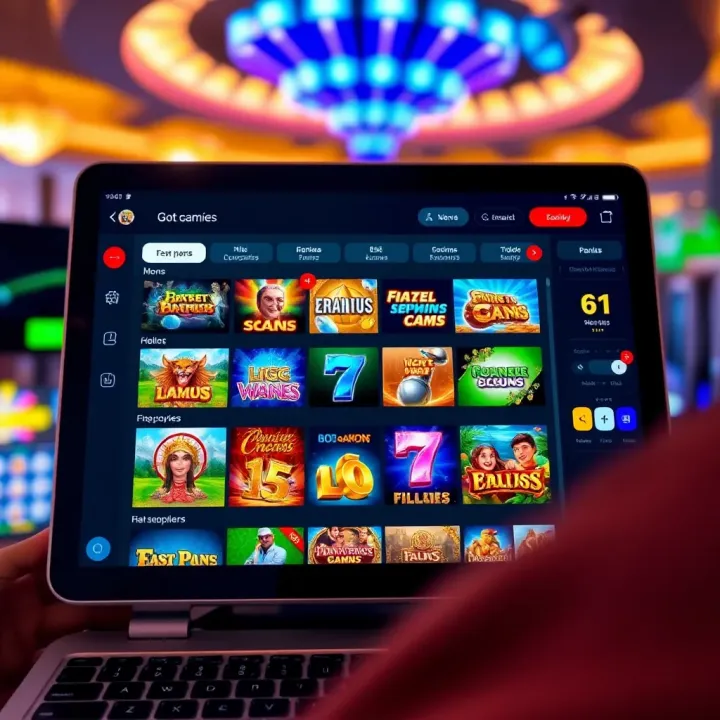 Interface showcasing a variety of casino games including slots and table games on a digital device